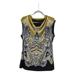 THE LIMITED Blouse Black Green Paisley Sleeveless Stretch Drape Neck Womens L